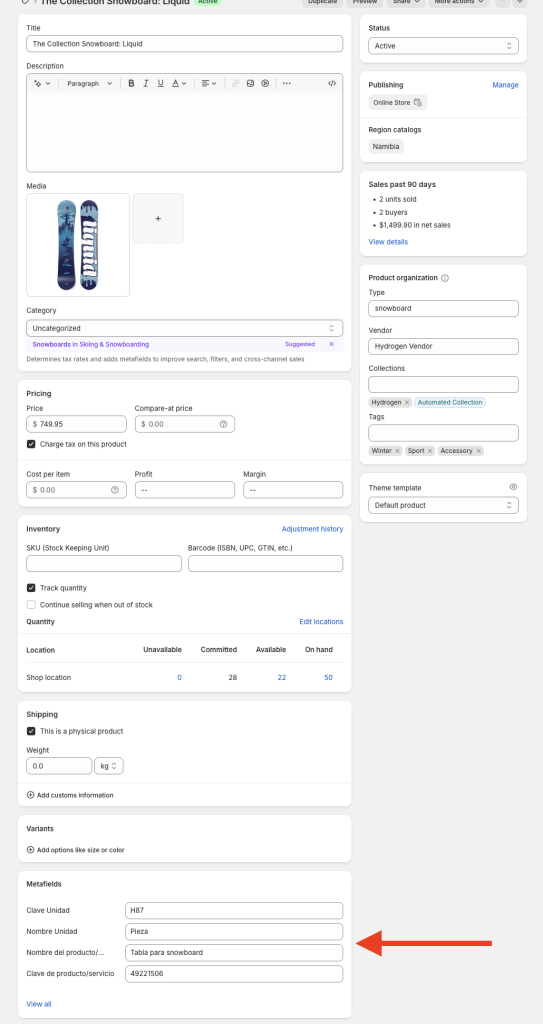Sección de productos en la tienda de Shopify señalando los datos de facturación