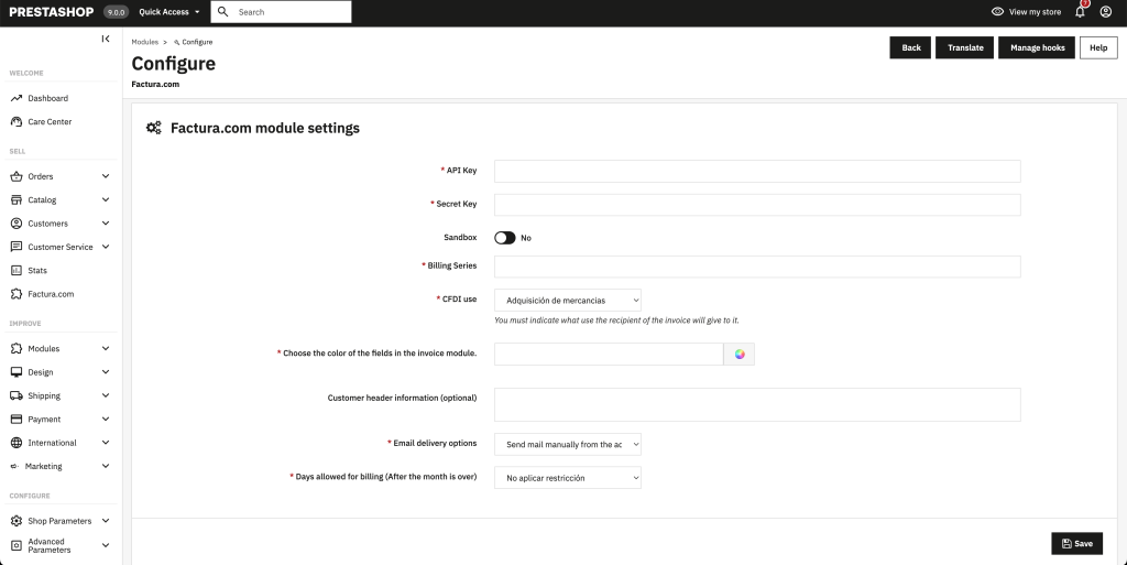Configurar plugin para PrestaShop