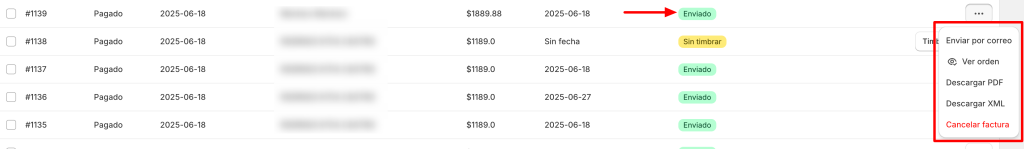 Acciones para tu facturación de una orden enviada