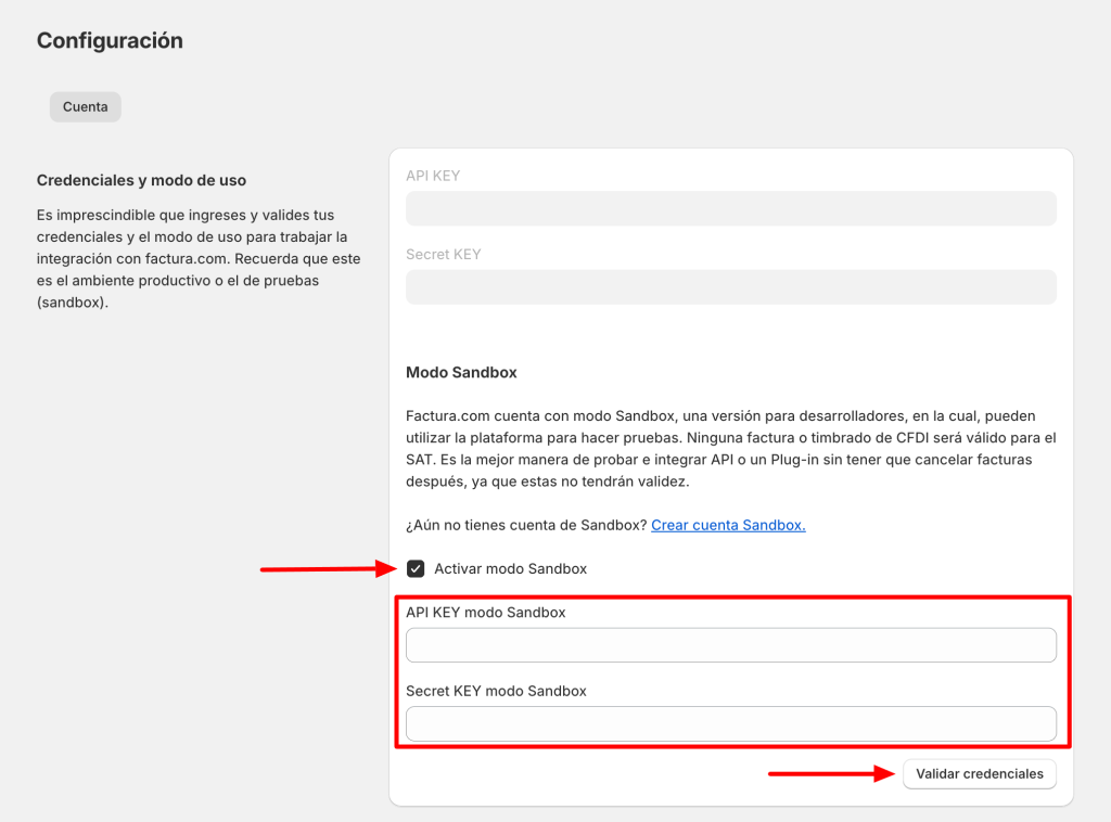 Configuración de datos señalando el modo Sandbox