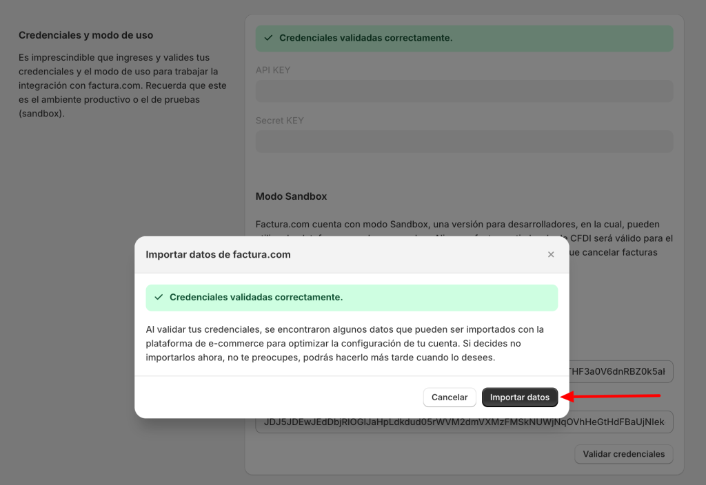 Mensaje de validación de llaves