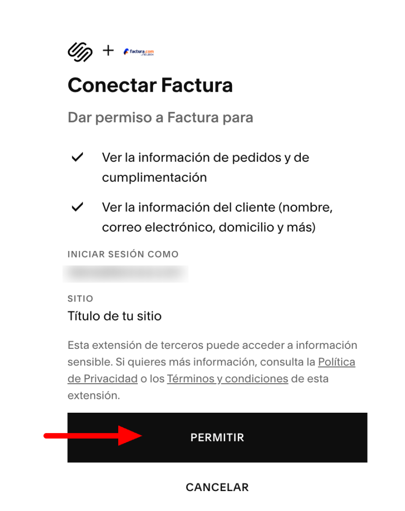 Ventana para dar permisos a factura.com en la tienda