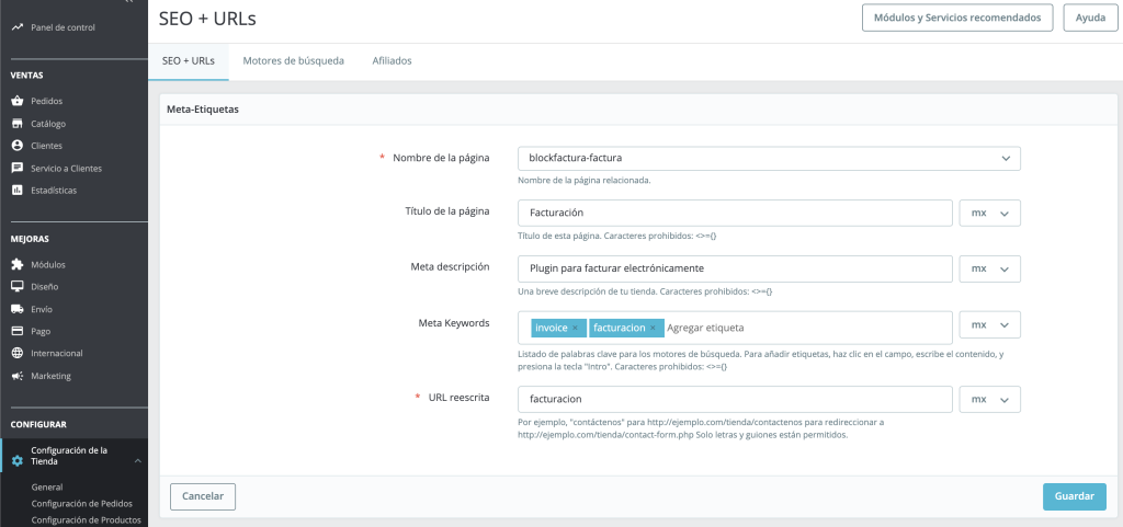 Modificar SEO + URLs PrestaShop 1.7