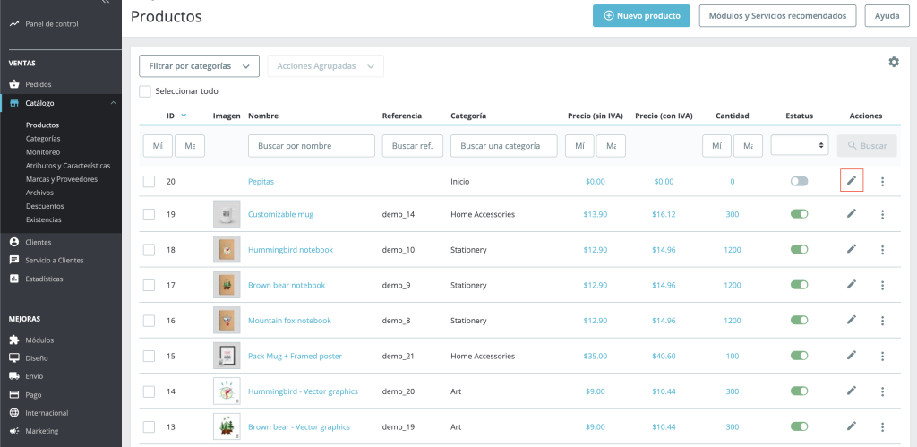 Vista de PrestaShop 1.7