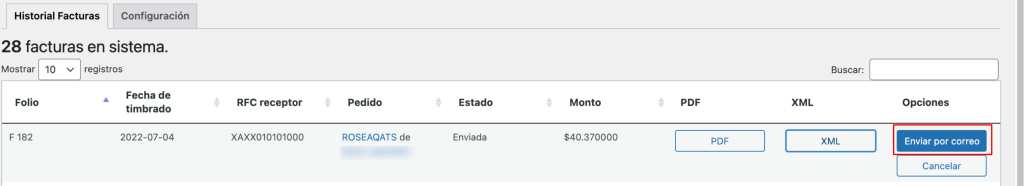 Enviar por correo los documentos fiscales de la factura