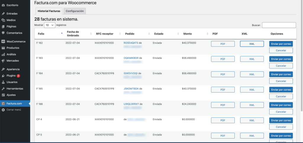 Dashboard del administrador en el plugin