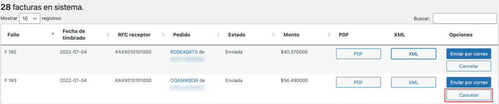 Cancelar una factura desde el dashboard del administrador