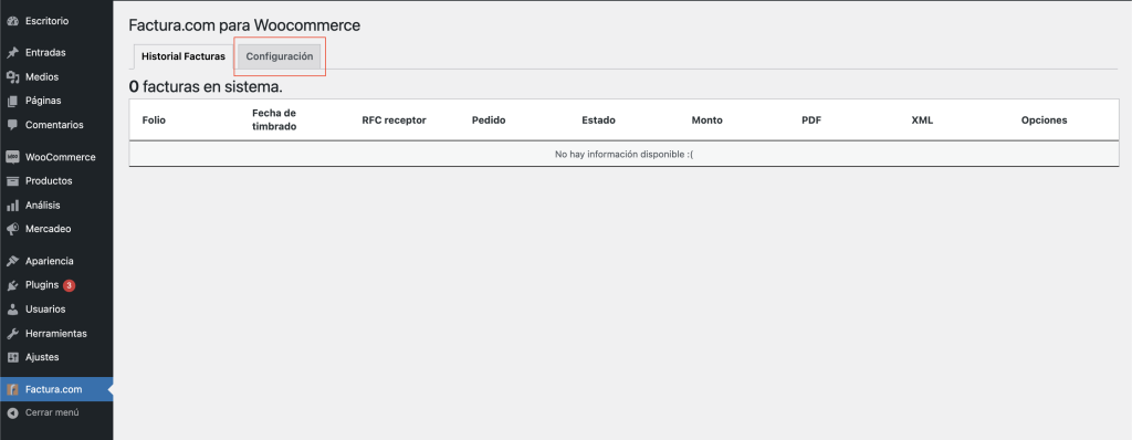 Plugin a configurar de Factura.com