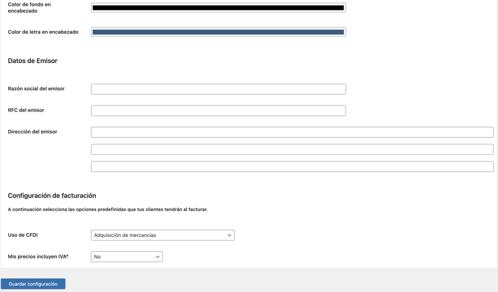 Segunda parte de la página de configuración