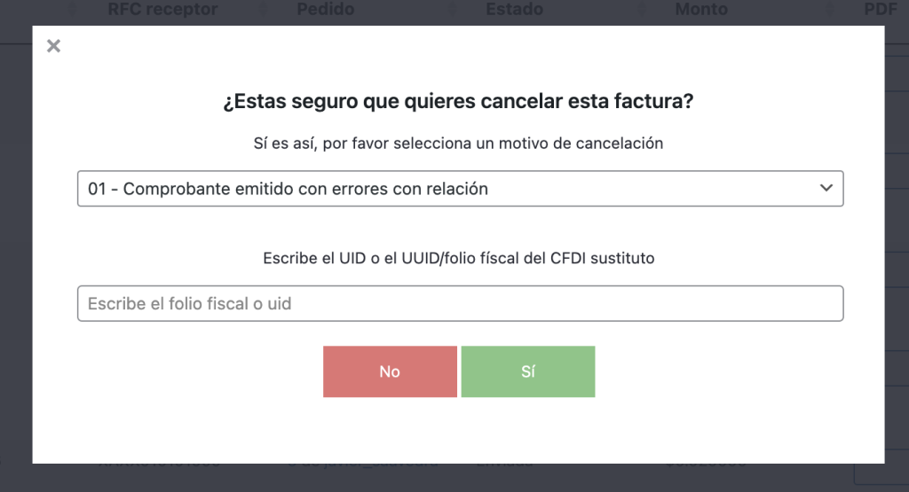 Ventana para señalar el motivo y confirmar cancelación