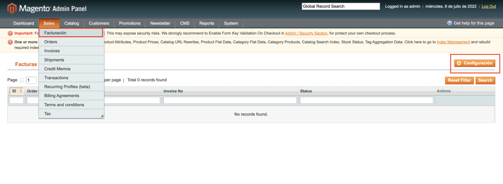 Dashboard Magento