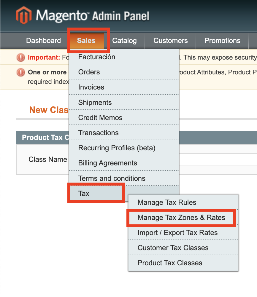 Menú Sales - Tax - Manage Tax Zones & Rates