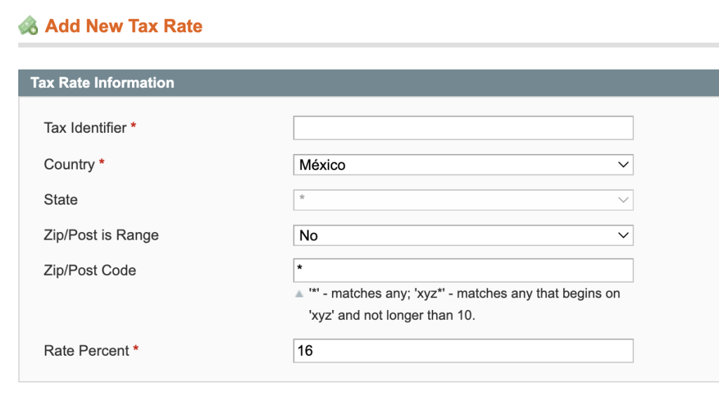 Sección Add New Tax Rate