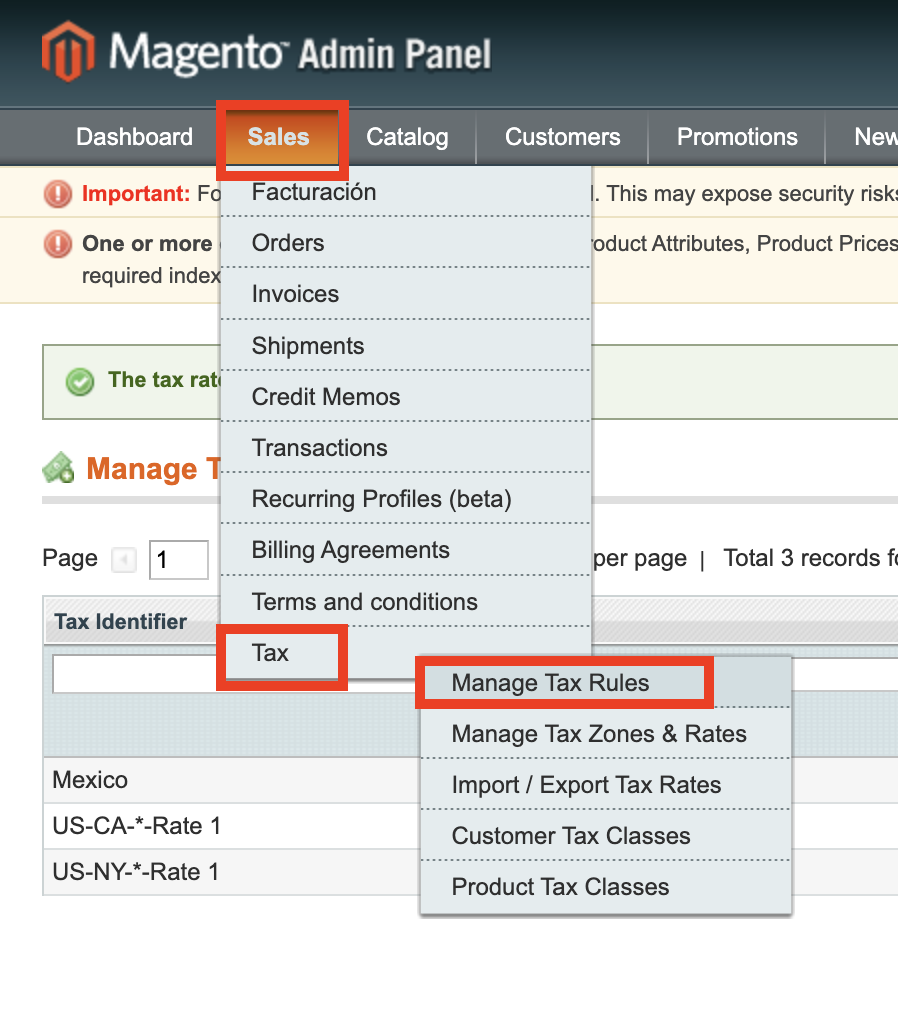 Menú Sales - Tax - Manage Tax Rules