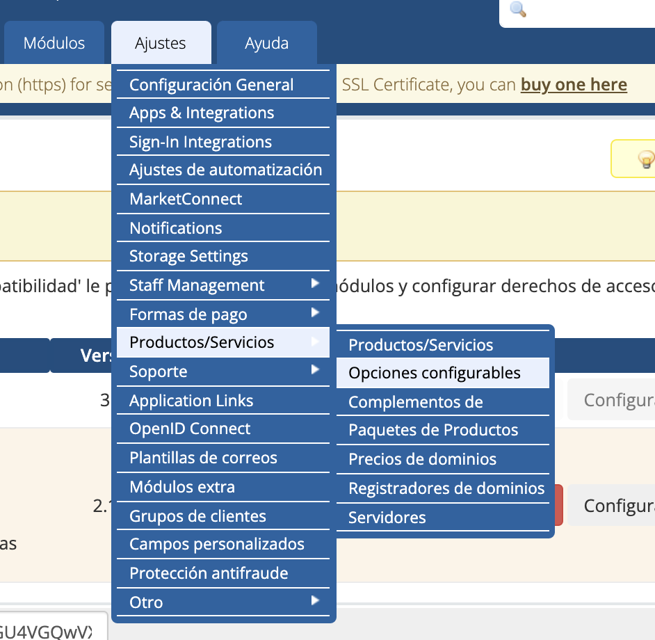 Menú Ajustes - Productos/Servicios - Opciones configurables