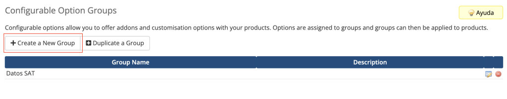Vista para crear una nueva opción configurable