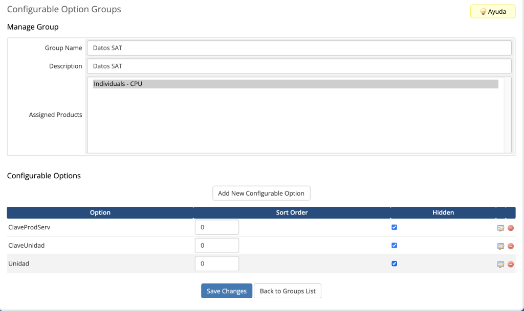 Vista de las opciones configurables creadas