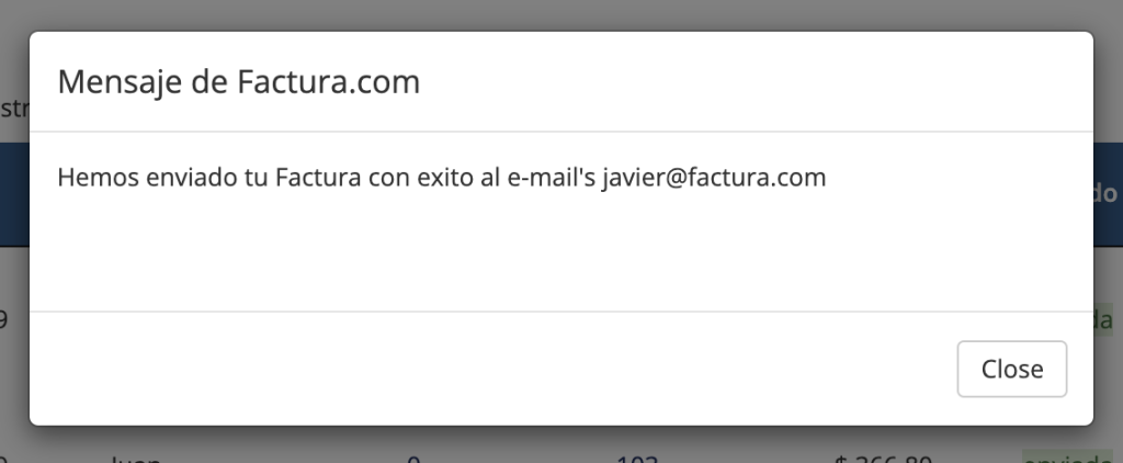 Mensaje de envío de los documentos fiscales por correo