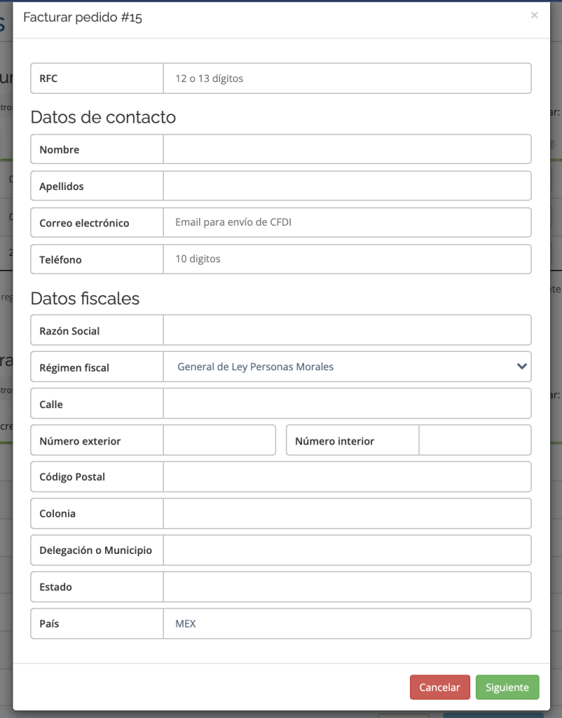 Vista datos de facturación
