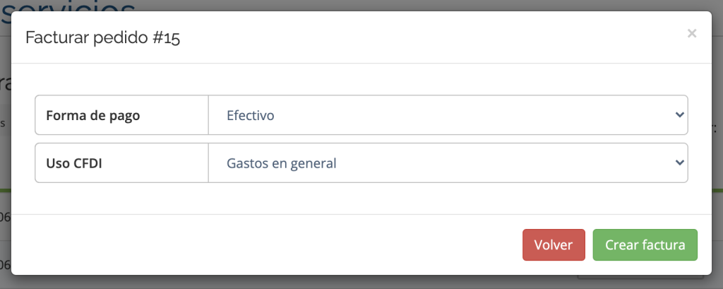 Vista forma de pago y uso de CFDI