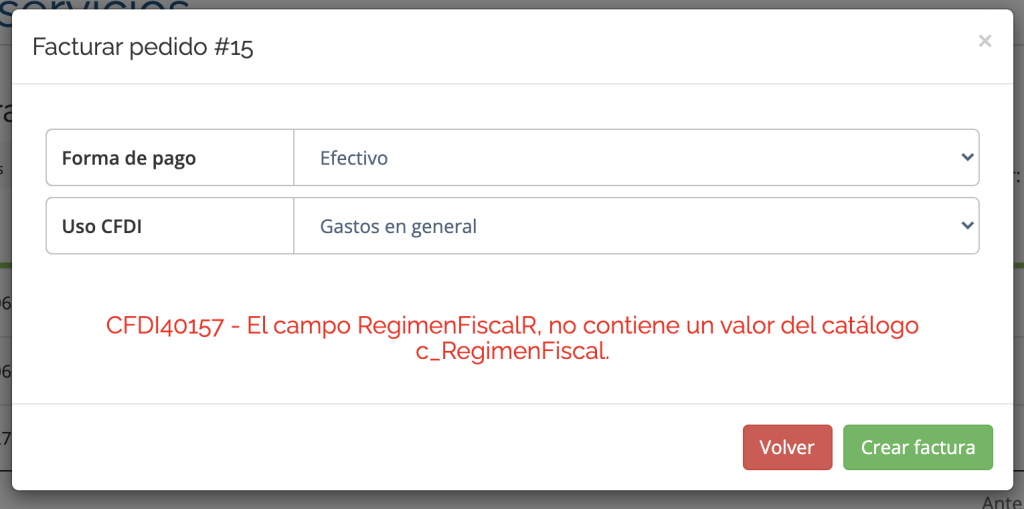 Mensaje de error en la creación de una factura