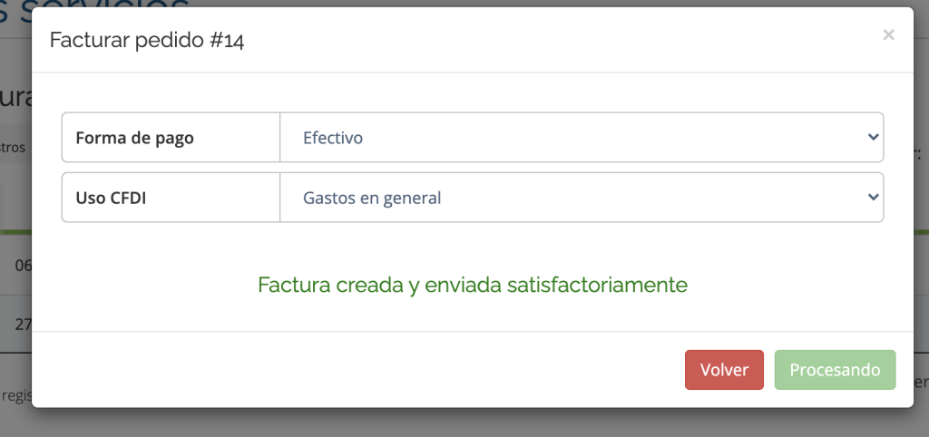 Mensaje de éxito en la creación de una factura