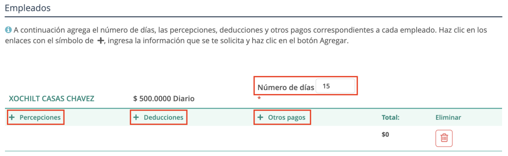 Se muestran los elementos a agregar por cada empleado (percepciones, deducciones y otros pagos)