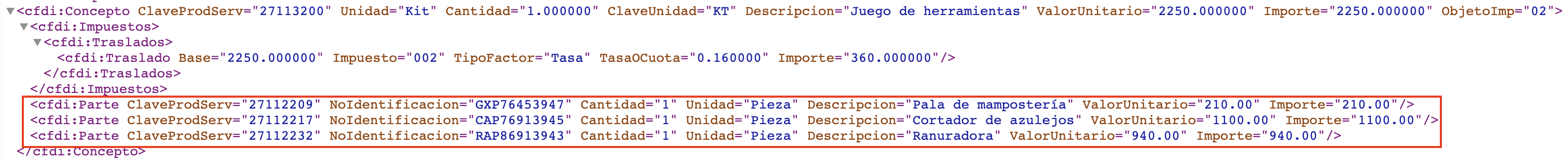 Vista del XML señalando el nodo parte