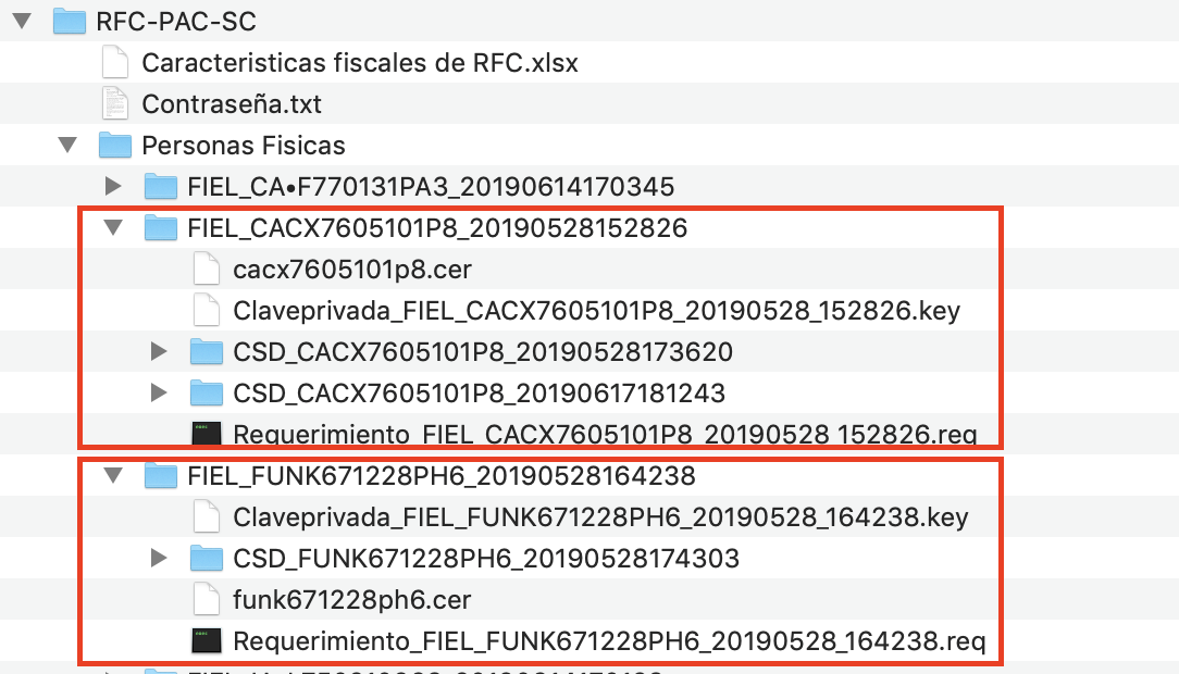 Vista de archivos de un sello de prueba