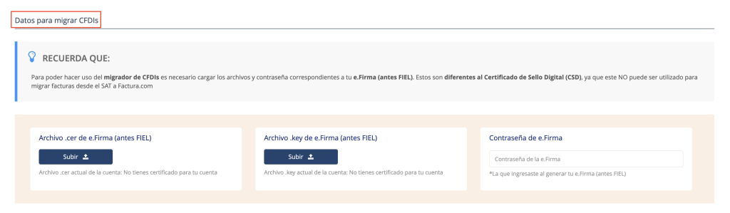 Sección de "Datos para migrar"