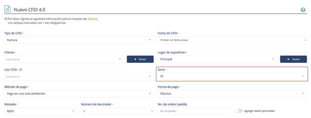 Crear CFDI señalando el campo "Serie"