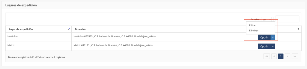 Sección "Lugares de expedición"