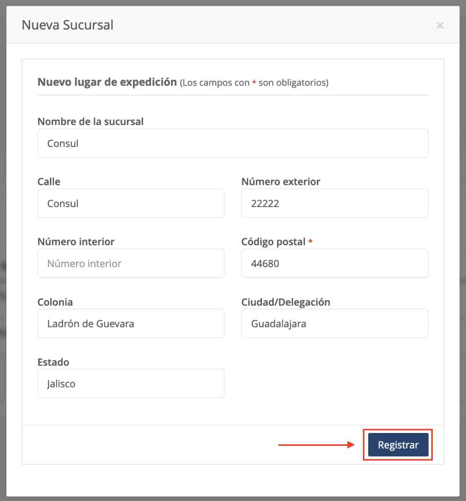 Registrar nueva sucursal