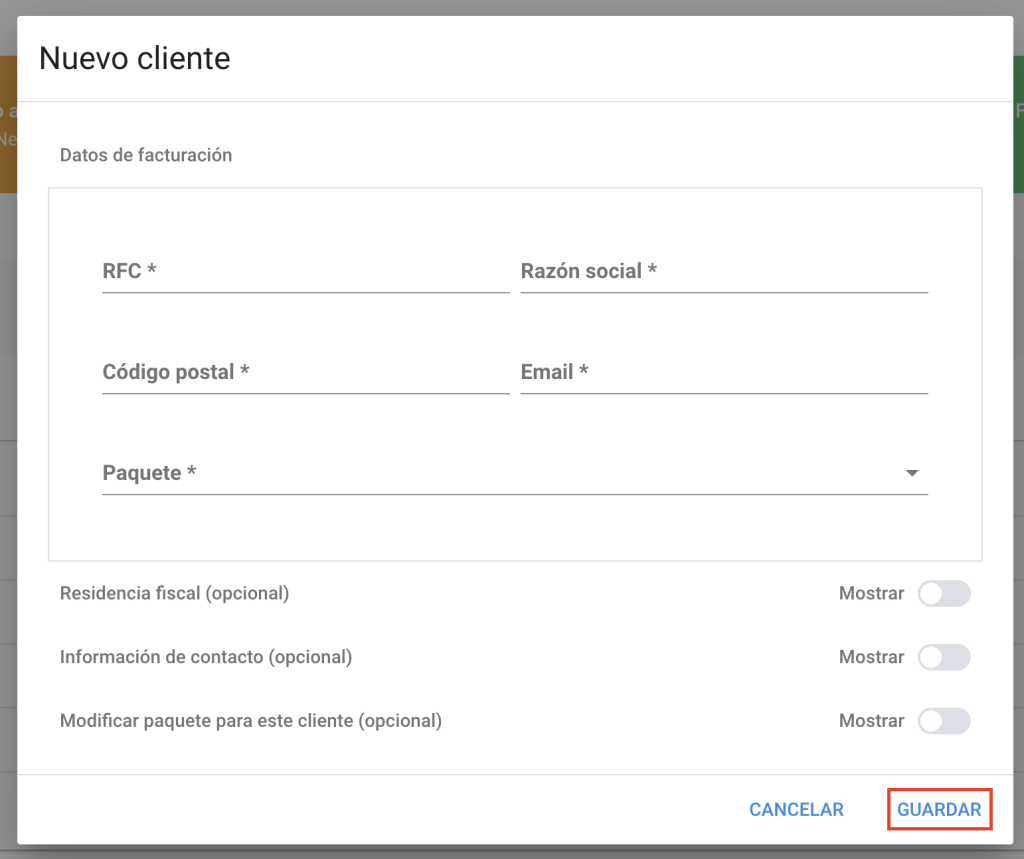 Vista del formulario "Nuevo cliente"