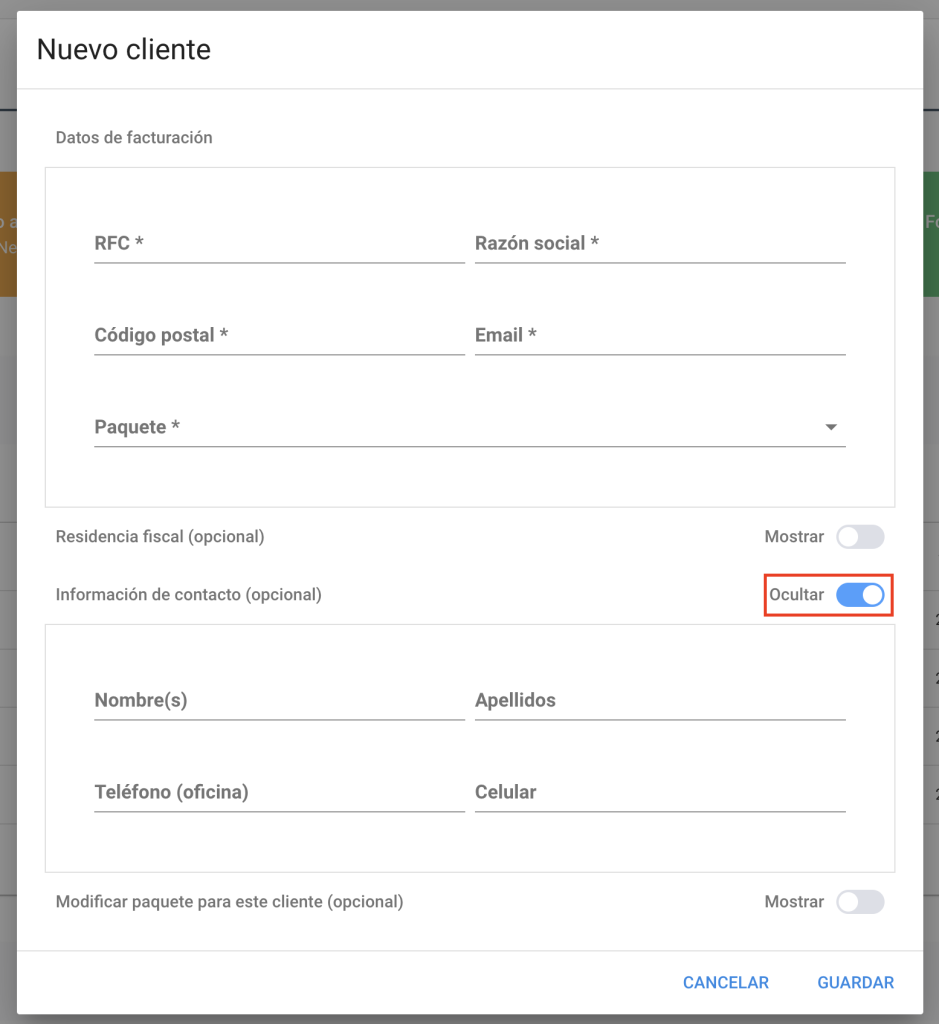 Vista de la sección Información de contacto