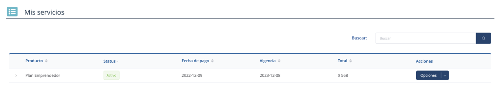 Vista de la sección Mis servicios