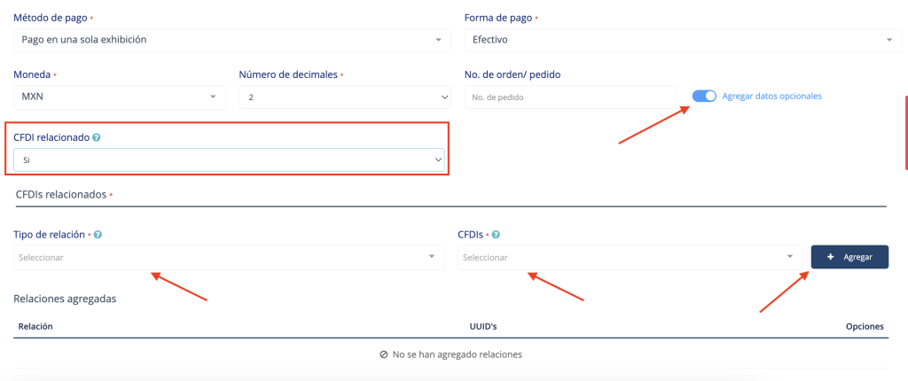 Vista de la sección Agregar datos opcionales