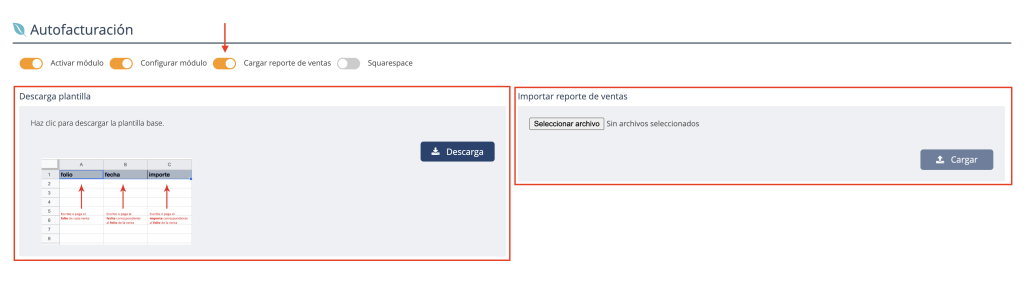 Vista de la configuración de la autofacturación