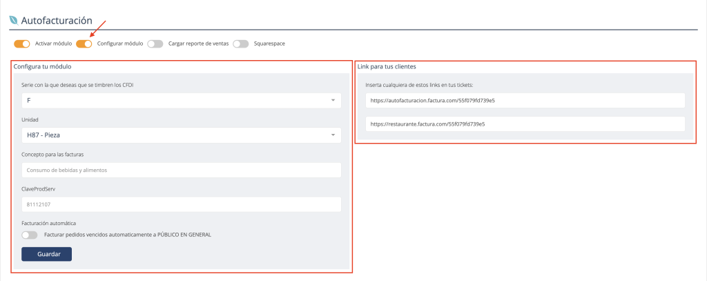 Vista del módulo autofacturación activo y configurado