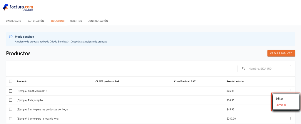 Vista del apartado productos mostrando las opciones editar y eliminar