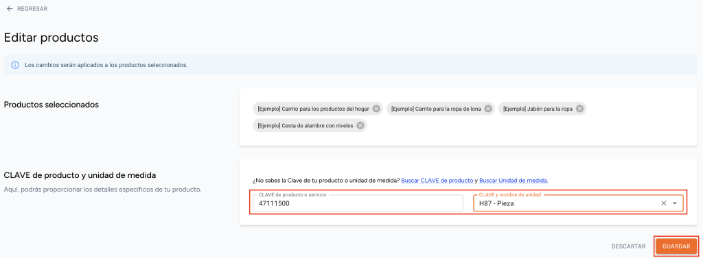 Vista del apartado editar productos señalando las opciones SAT que se deben agregar