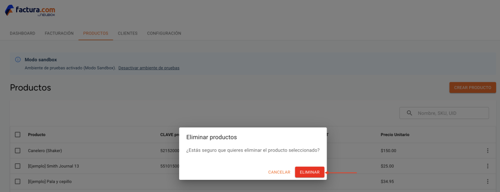 Vista del apartado productos señalando la ventana de confirmación