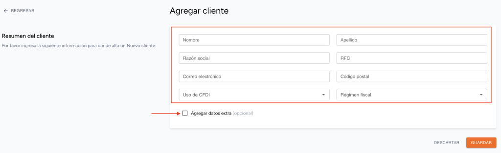 Vista del apartado agregar cliente señalando los campos a llenar
