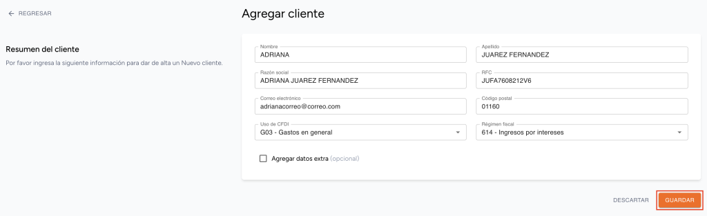 Vista del apartado agregar cliente señalando el botón guardar