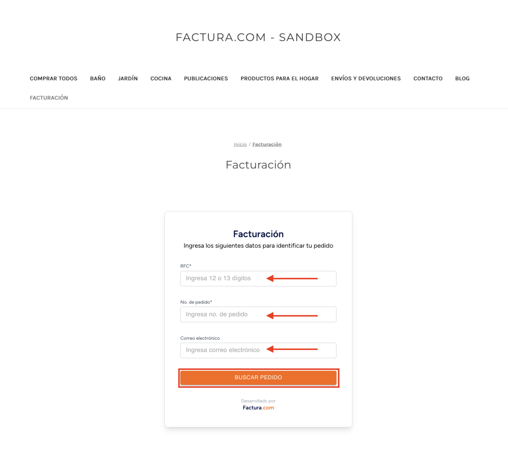 Vista del formulario señalando las opciones que el cliente debe llenar para facturar su pedido