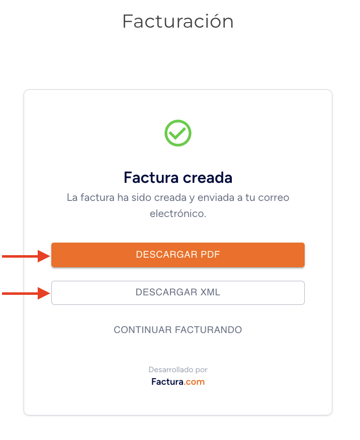 Vista de la confirmación señalando los documentos fiscales