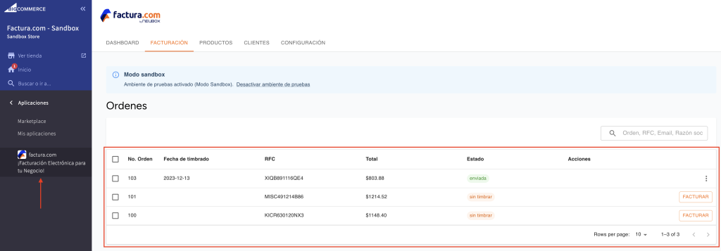 Vista del apartado ordenes en el plugin de factura.com