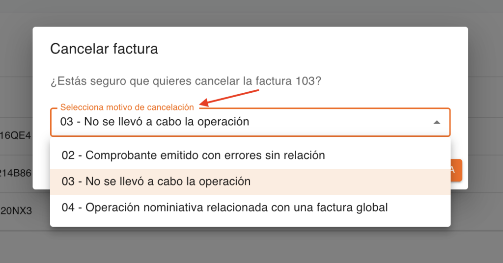 Vista de las opciones a seleccionar por el motivo de cancelación