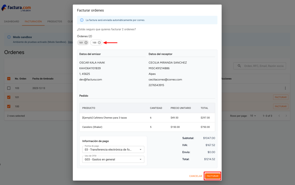Vista del apartado ordenes y la ventana que se abre para facturar varias ordenes seleccionadas en la tienda BigCommerce