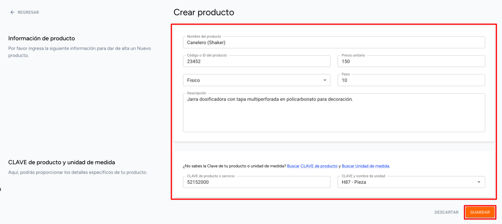 Vista del apartado crear producto señalando la información a agregar